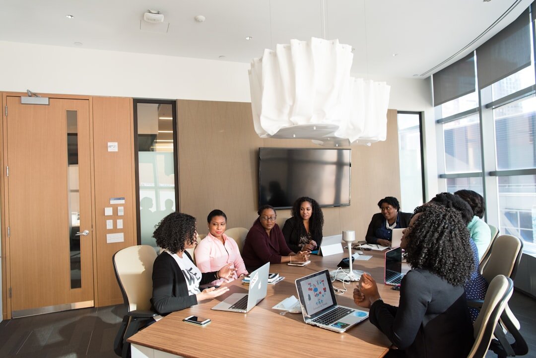 team discussing strategy in office